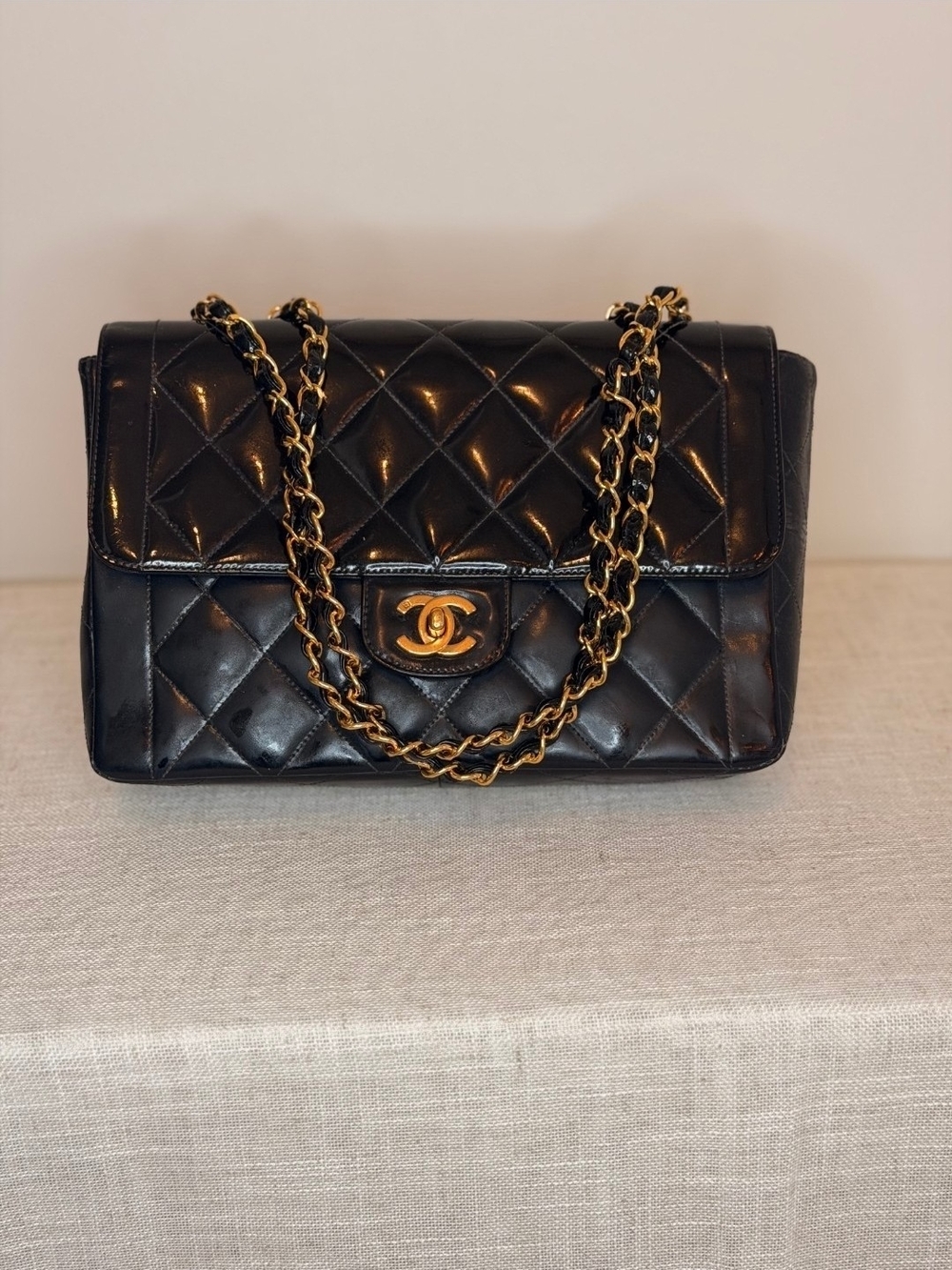 CHANEL Patent Black Quilted Shoulder Bag with Gold Hardware